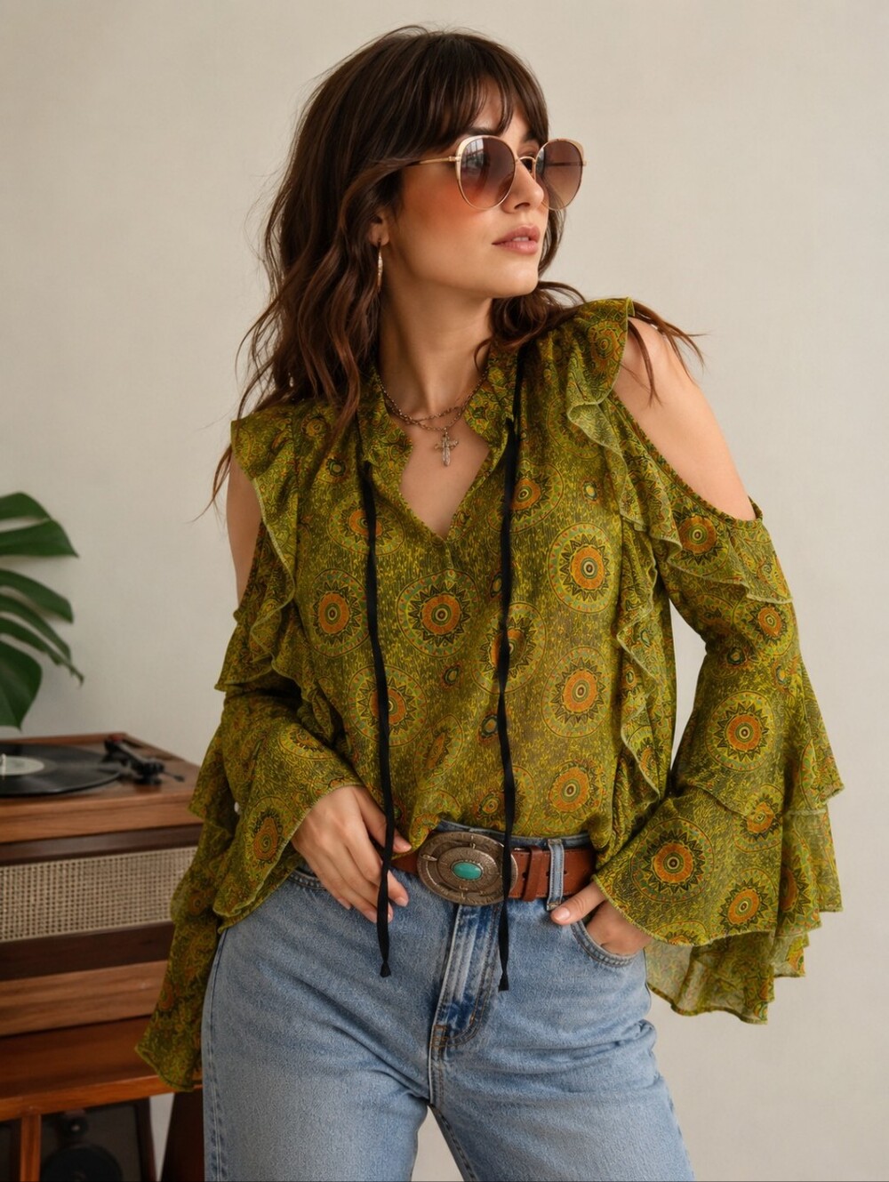 Olive Green Cold-Shoulder Ruffle Blouse